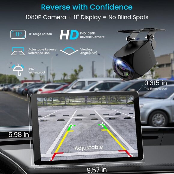 11" Large Wireless Apple CarPlay Screen for Car - with 4K Dash Cam/1080p BU cam - Picture 2 of 9